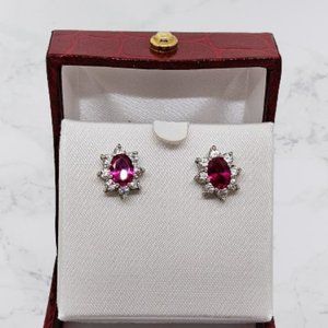 Simulated Ruby Red/White Oval Stud Earrings